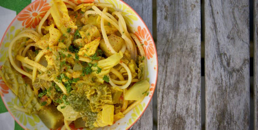 pasta met groene kool en yacon